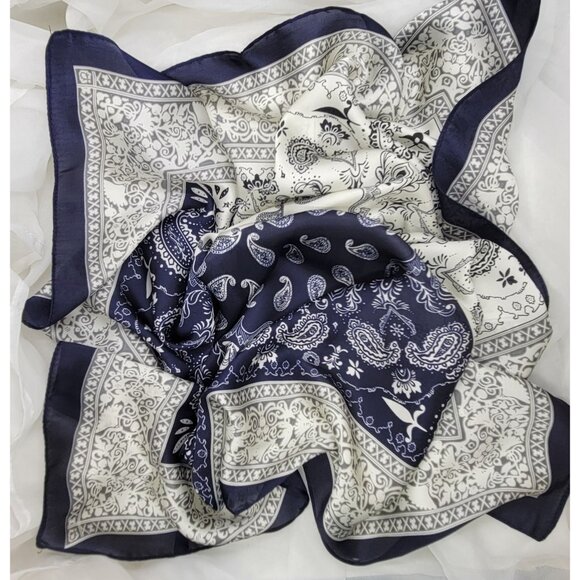 ✨Luxury Elegant Women Square Silky Soft Scarf Head Top hijab Navy Floral Paisley - Picture 4 of 5